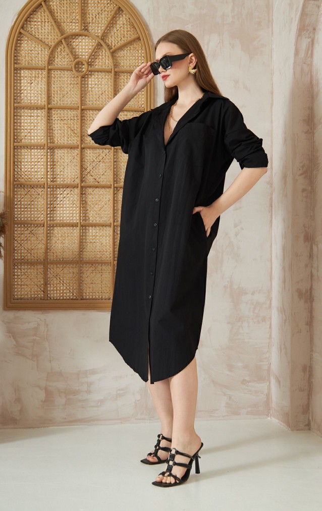 Pasaklı Giyim Kadın Poplin Oversize Tunik-Gömlek Elbise 3555352 Siyah