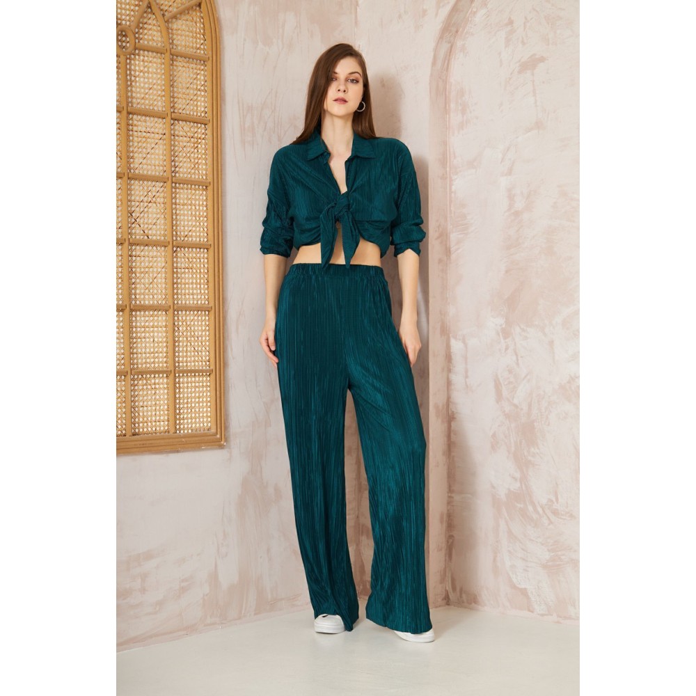 Pasaklı Giyim Pasaklı Giyim kadın Piliseli Bürümcük Pantolon Tunik Alt Üst Takım Petrol - Premium Kadın Giyim