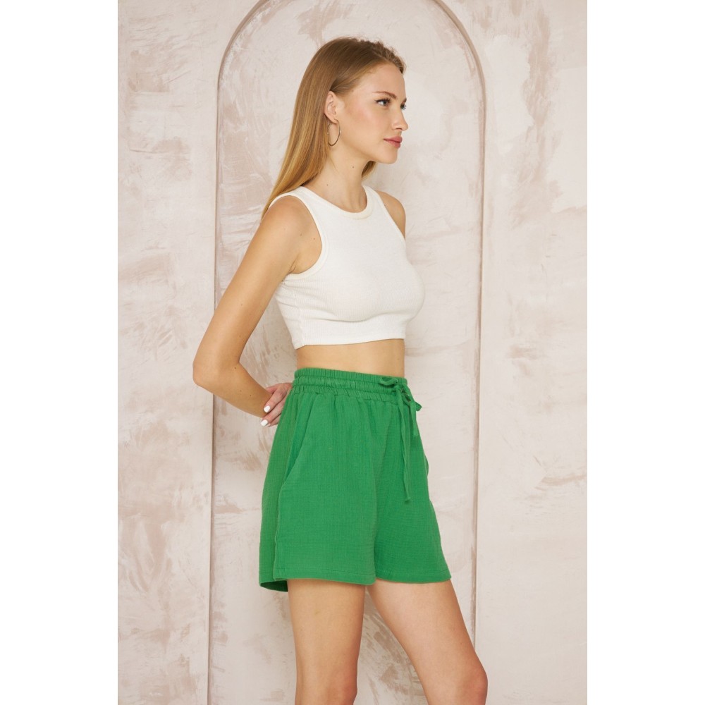 Pasaklı Giyim Pasaklı Giyim Kadın Müslin %100 Pamuk Beli Lastikli Şort Yeşil - Premium Kadın Giyim
