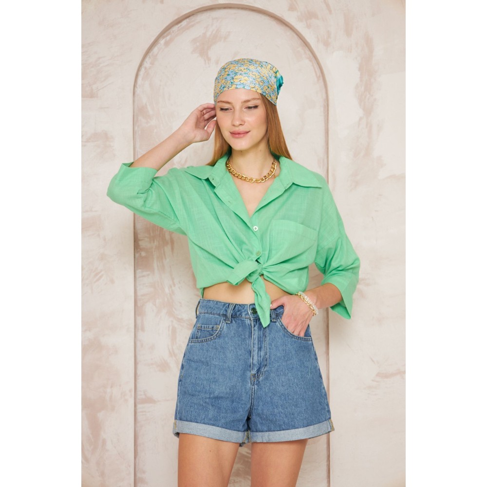 Pasaklı Giyim Pasaklı Giyim Kadın Flamlı Keten Gömlek Yeşil - Premium Kadın Giyim