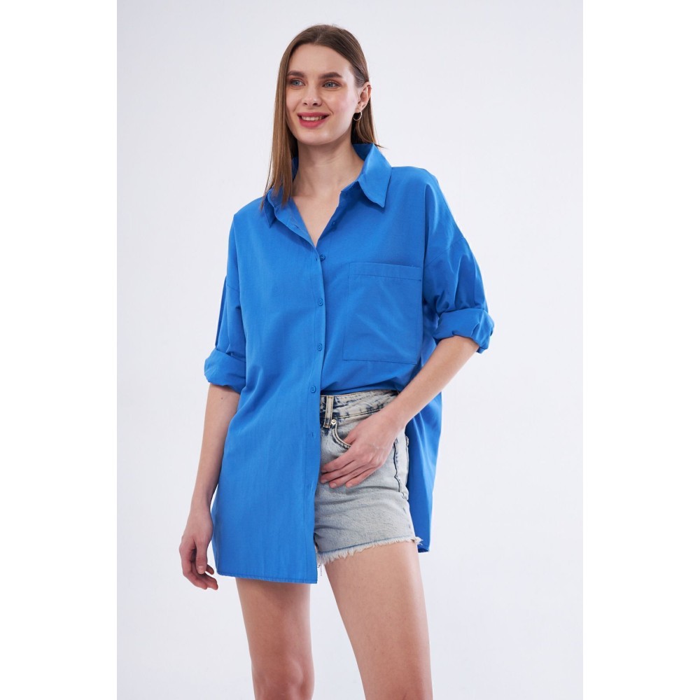 Pasaklı Giyim Kadın Saks Mavi Uzun Kollu Terikoton Özel Kumaş Cepli Spor Uzun Tunik Gömlek - Premium Kadın Giyim