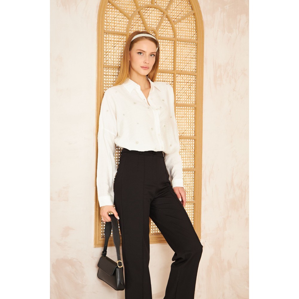 Pasaklı Giyim Pasaklı Giyim Kadın İnci İşleme Keten Tunik Gömlek Beyaz - Premium Kadın Giyim