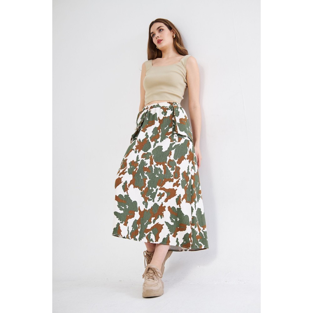 Pasaklı Giyim Pasaklı Giyim Kadın Kamuflaj Desen Gabardin Etek Haki - Premium Kadın Giyim