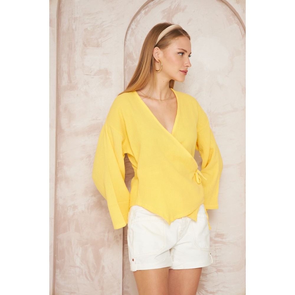 Pasaklı Giyim Pasaklı giyim Kadın %100 Pamuk Bağcıklı Bluz Sarı - Premium Kadın Giyim