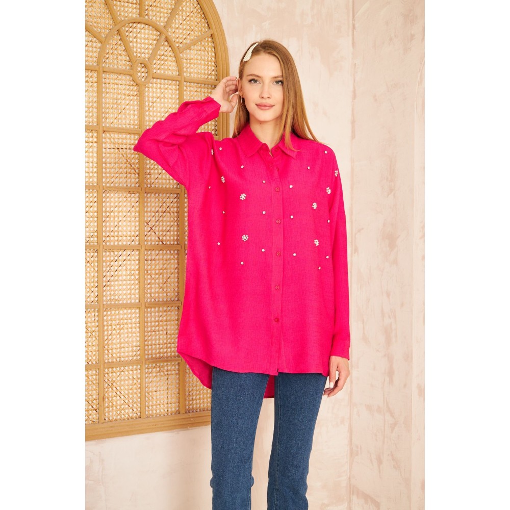 Pasaklı Giyim Pasaklı Giyim Kadın İnci İşleme Keten Tunik Gömlek Fuşya - Premium Kadın Giyim