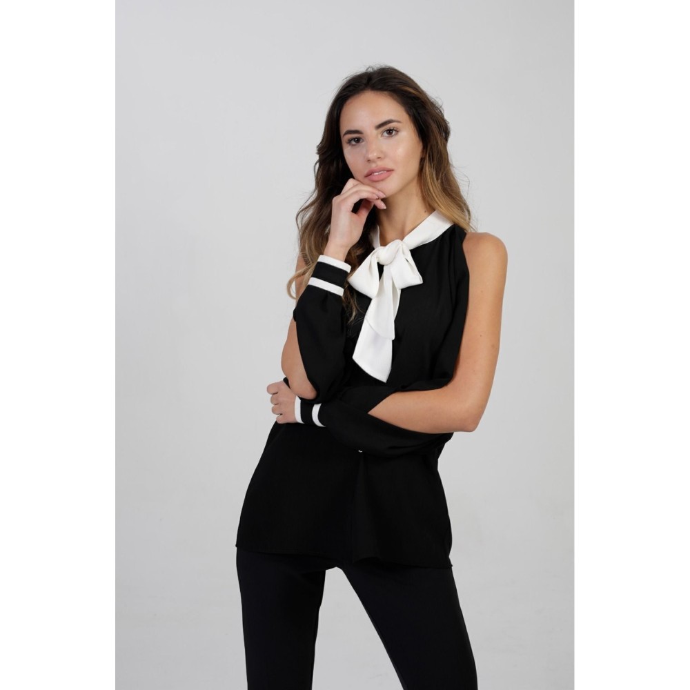 Pasaklı Giyim Pasaklı Giyim Kadın Siyah Kol Yırtmaçlı Beyaz Fularlı Quen Krep Gömlek- - Premium Kadın Giyim