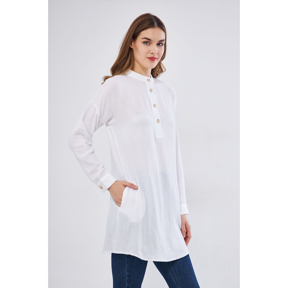 Pasaklı Giyim Pasaklı Giyim Kadın Müslin Tunik Gömlek Beyaz - Premium Kadın Giyim