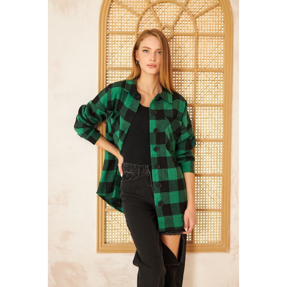 Pasaklı Giyim Pasaklı Giyim Kadın Kaşe Ekose Oduncu Gömlek Yeşil - Premium Kadın Giyim