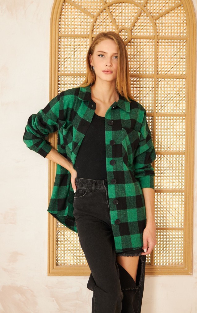 Pasaklı Giyim Kadın Kaşe Ekose Oduncu Gömlek 3539363 Yeşil