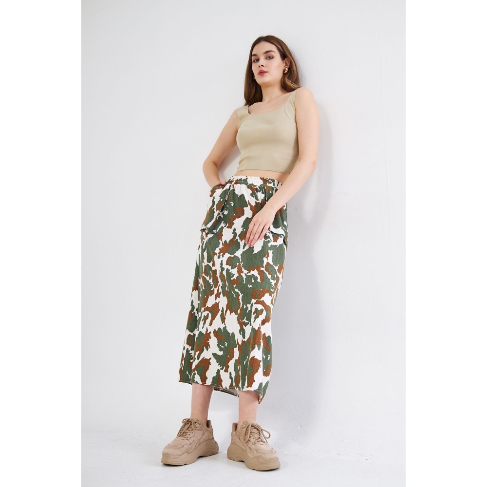 Pasaklı Giyim Pasaklı Giyim Kadın Kamuflaj Desen Gabardin Etek Haki - Premium Kadın Giyim