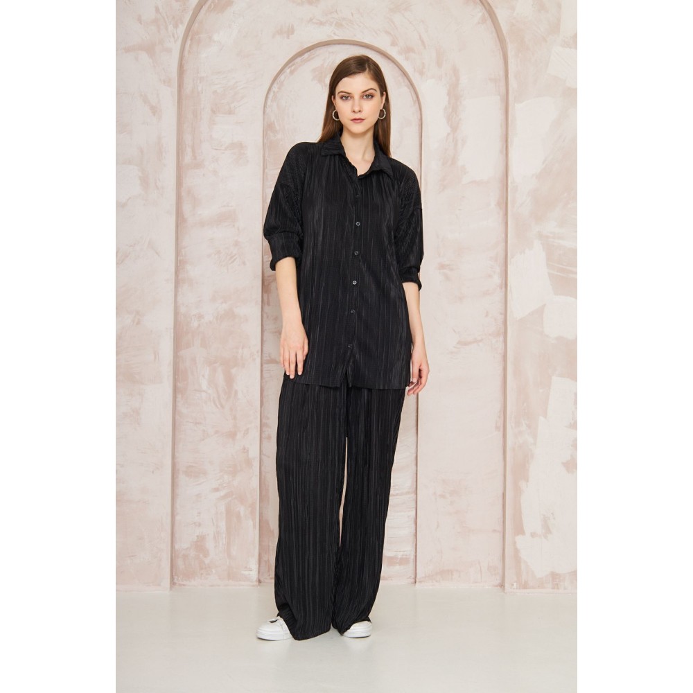 Pasaklı Giyim Pasaklı Giyim kadın Piliseli Bürümcük Pantolon Tunik Alt Üst Takım Siyah - Premium Kadın Giyim