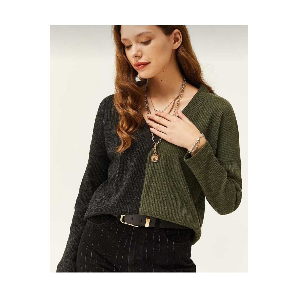 Pasaklı Giyim Kadın V Yaka Uzun Kollu Iki Renkli Kışlık Kazak Haki Antrasit - Premium Kadın Giyim