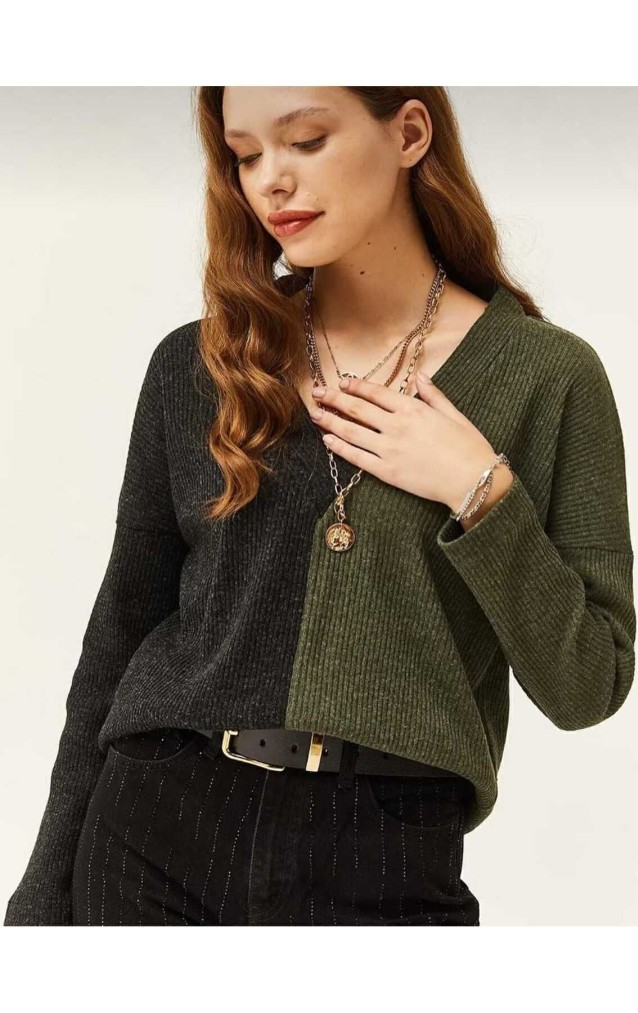 Kadın  V Yaka Uzun Kollu Iki Renkli Kışlık Kazak 2778200 Haki Antrasit