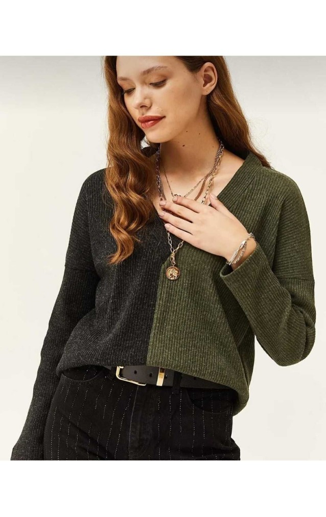 Kadın  V Yaka Uzun Kollu Iki Renkli Kışlık Kazak 2778200 Haki Antrasit