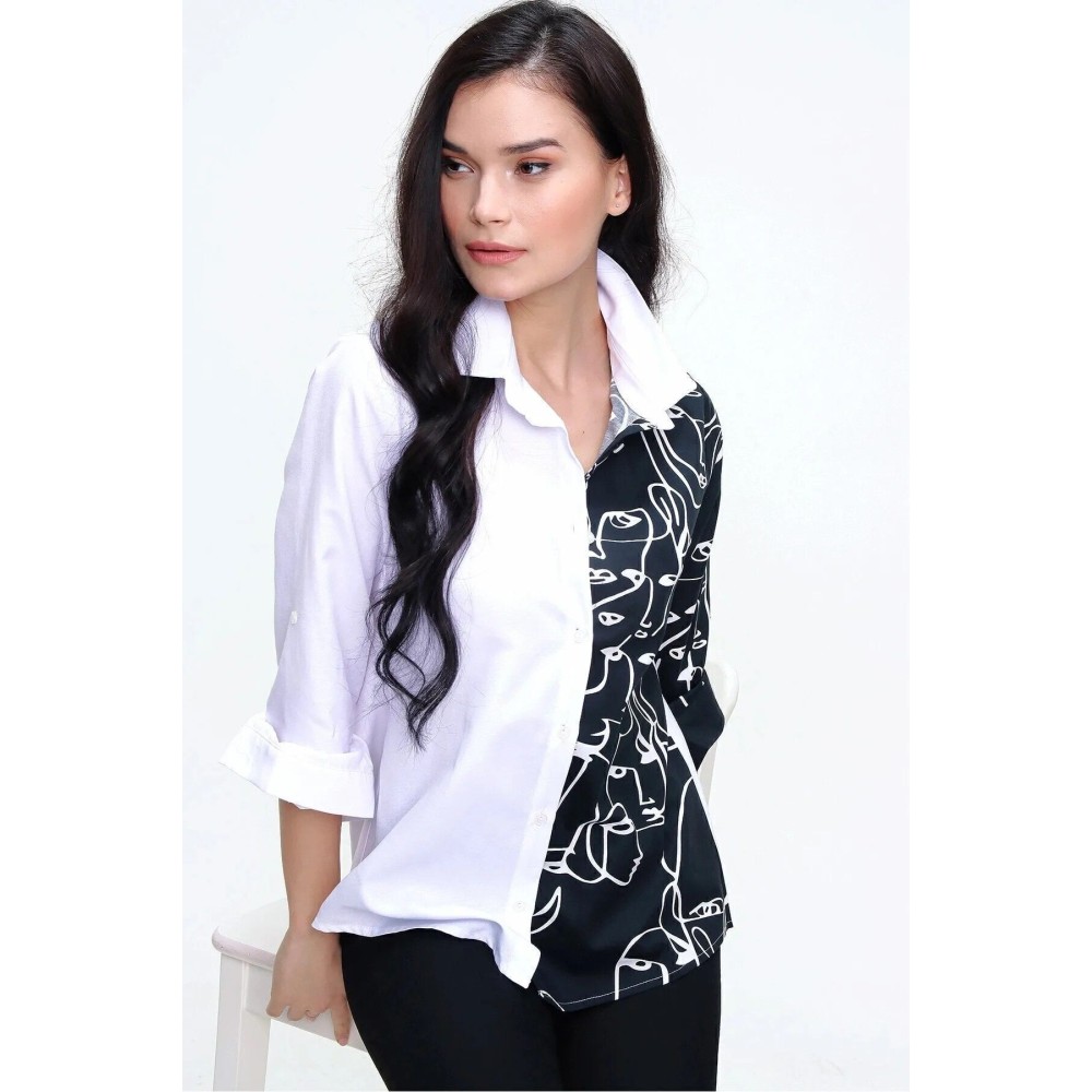 Pasaklı Giyim Pasaklı Giyim Kadın Yüz Silüetli Basic Gömlek Beyaz Siyah - Premium Kadın Giyim