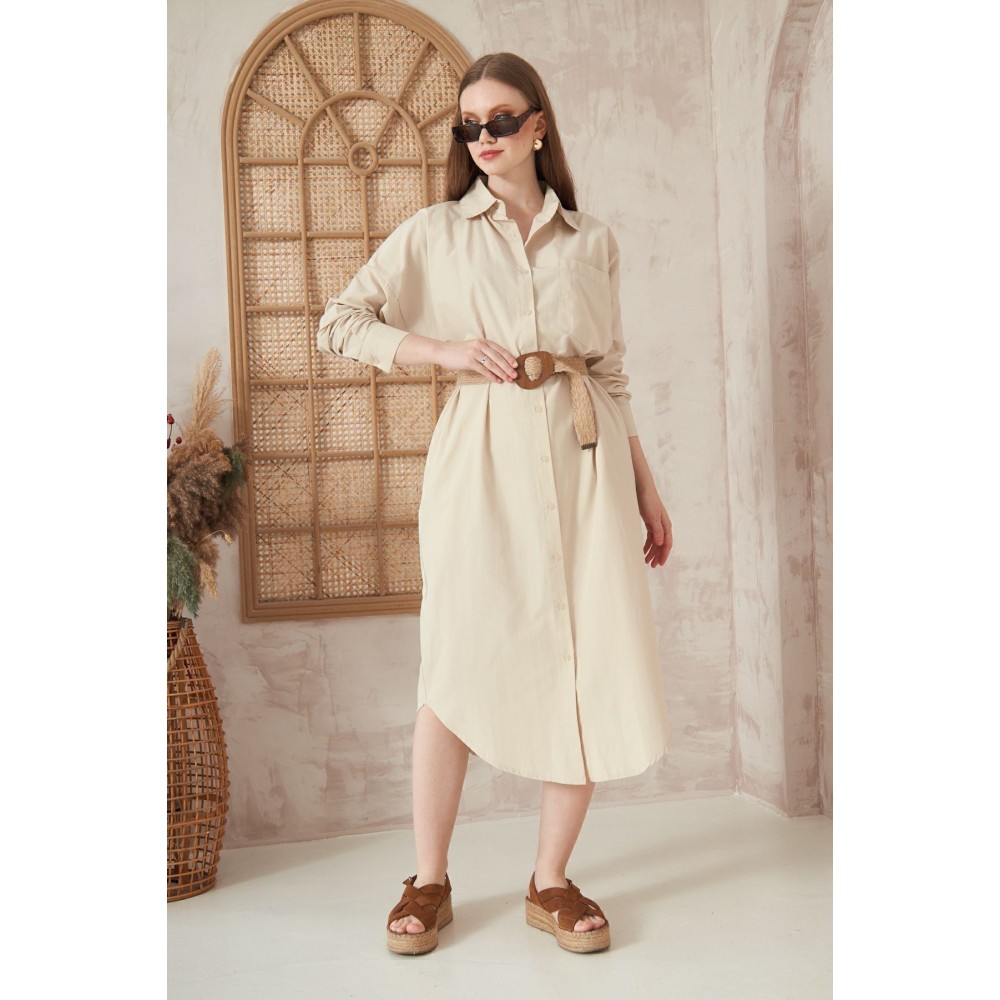 Pasaklı Giyim Pasaklı Giyim Kadın Poplin Oversize Tunik-Gömlek Elbise Taş - Premium Kadın Giyim