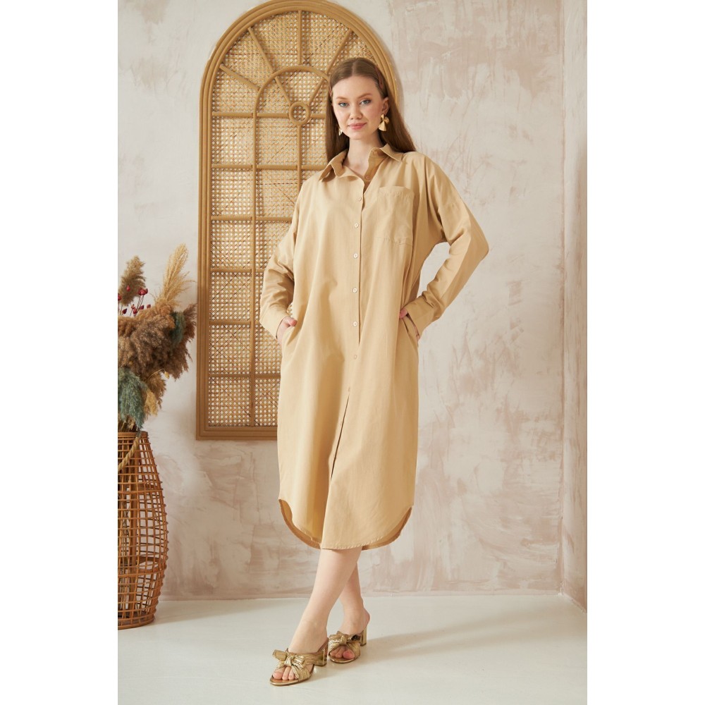 Pasaklı Giyim Pasaklı Giyim Kadın Poplin Oversize Tunik-Gömlek Elbise Bej - Premium Kadın Giyim