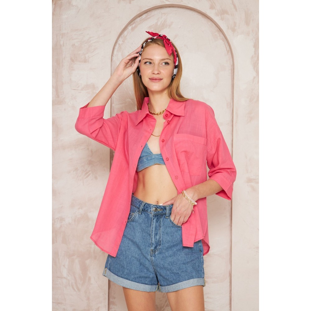 Pasaklı Giyim Pasaklı Giyim Kadın Flamlı Keten Gömlek Fuşya - Premium Kadın Giyim