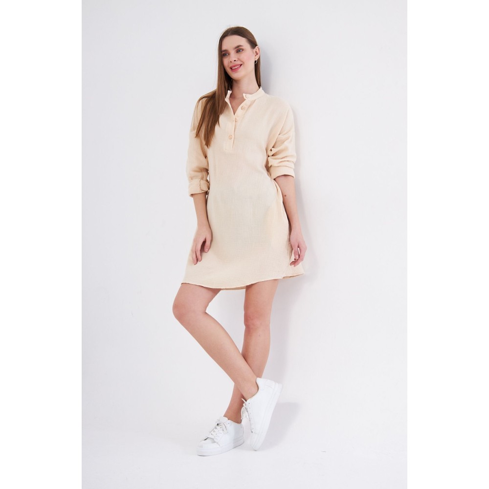 Pasaklı Giyim Kadın Taş Muslin Uzun Kollu Hakim Yaka Cepli Günlük Yazlık Tunik Gömlek Elbise - Premium Kadın Giyim