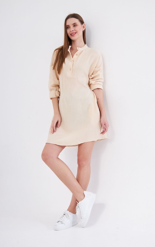 Kadın Taş Muslin Uzun Kollu Hakim Yaka Cepli Günlük Yazlık Tunik Gömlek Elbise 3520340