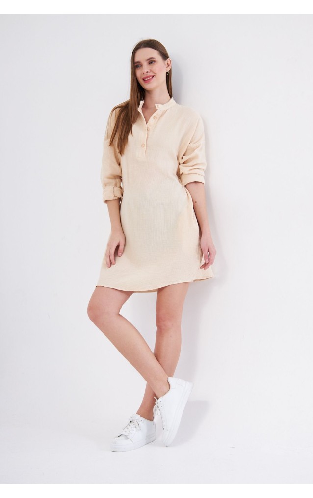 Kadın Taş Muslin Uzun Kollu Hakim Yaka Cepli Günlük Yazlık Tunik Gömlek Elbise 3520340