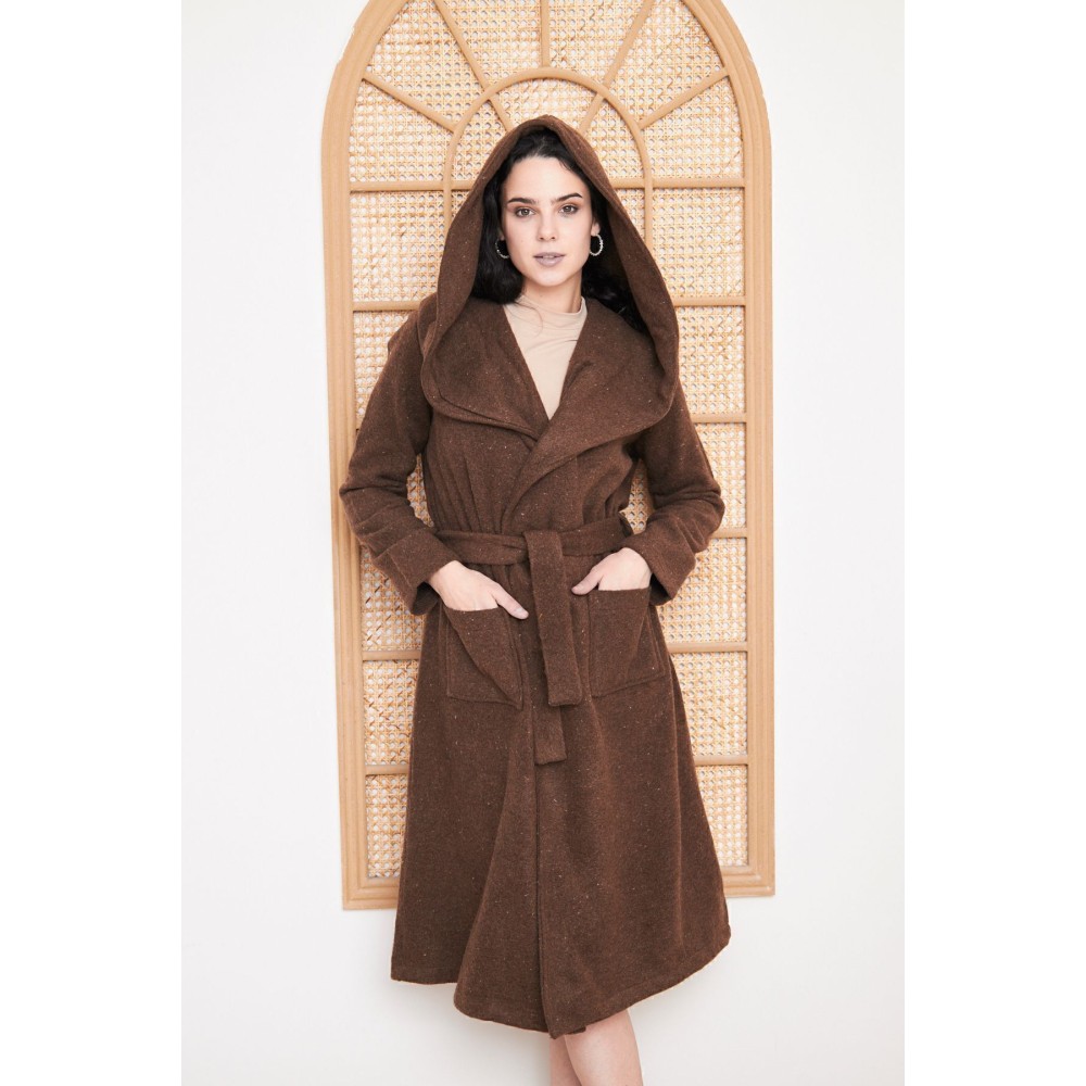 Pasaklı Giyim Pasaklı Giyim Kadın Kaşe Yün Kapüşonlu Kaban Kahverengi - Premium Kadın Giyim