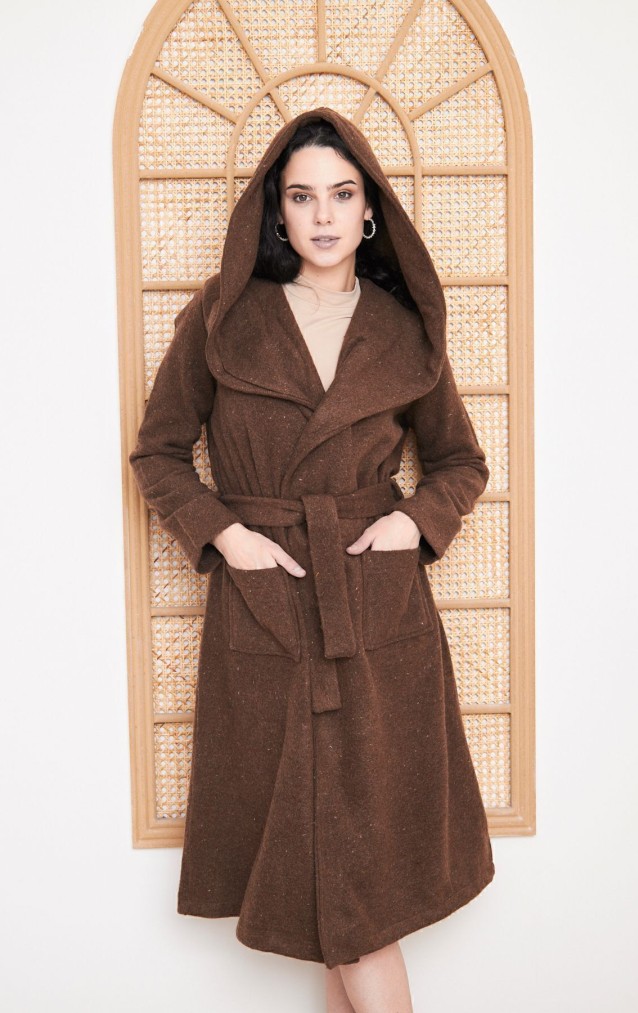 Pasaklı Giyim Kadın Kaşe Yün Kapüşonlu Kaban 3269500 Kahverengi