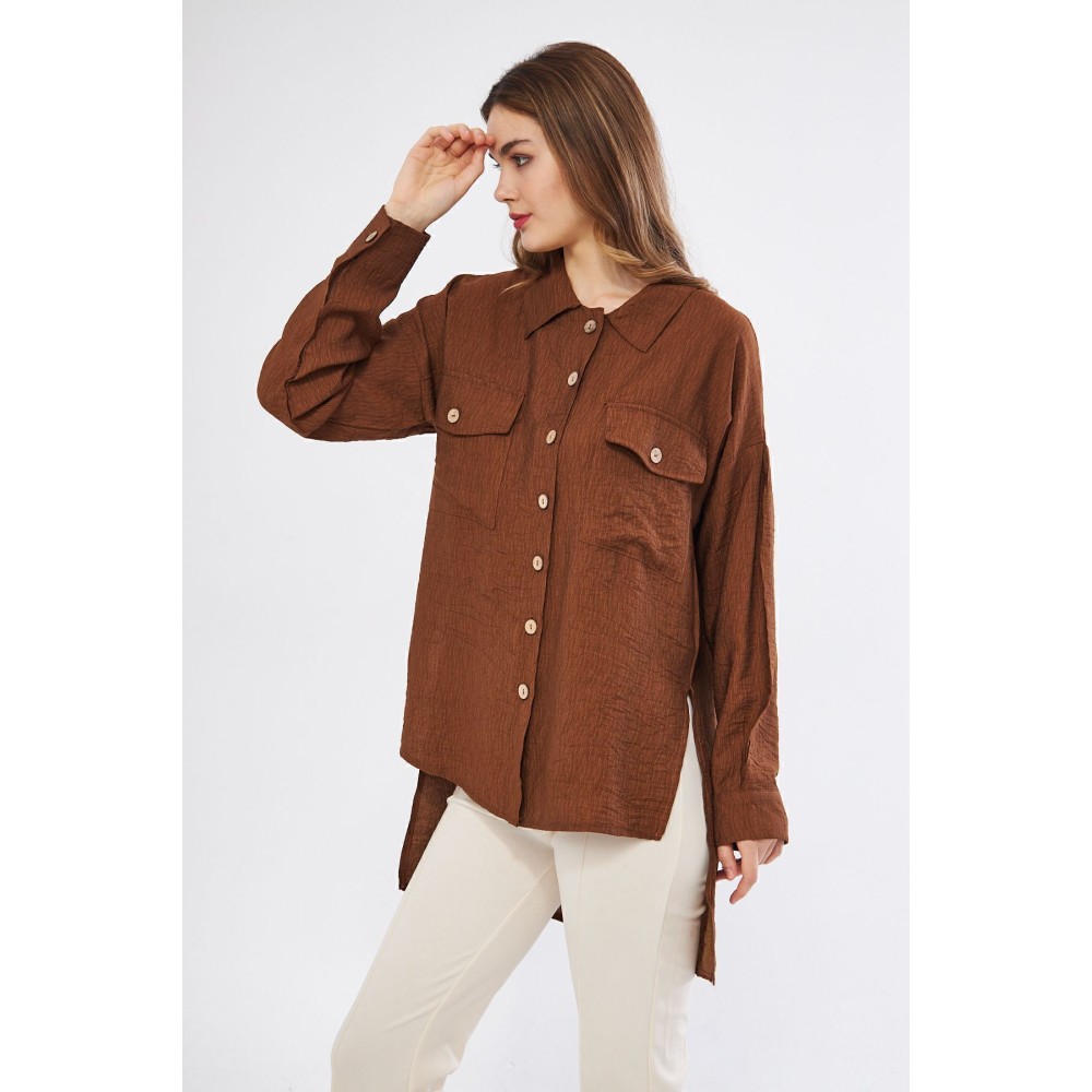 Pasaklı Giyim Pasaklı Giyim Kadın Oversize Arkası Uzun Tunik Gömlek Kahverengi - Premium Kadın Giyim