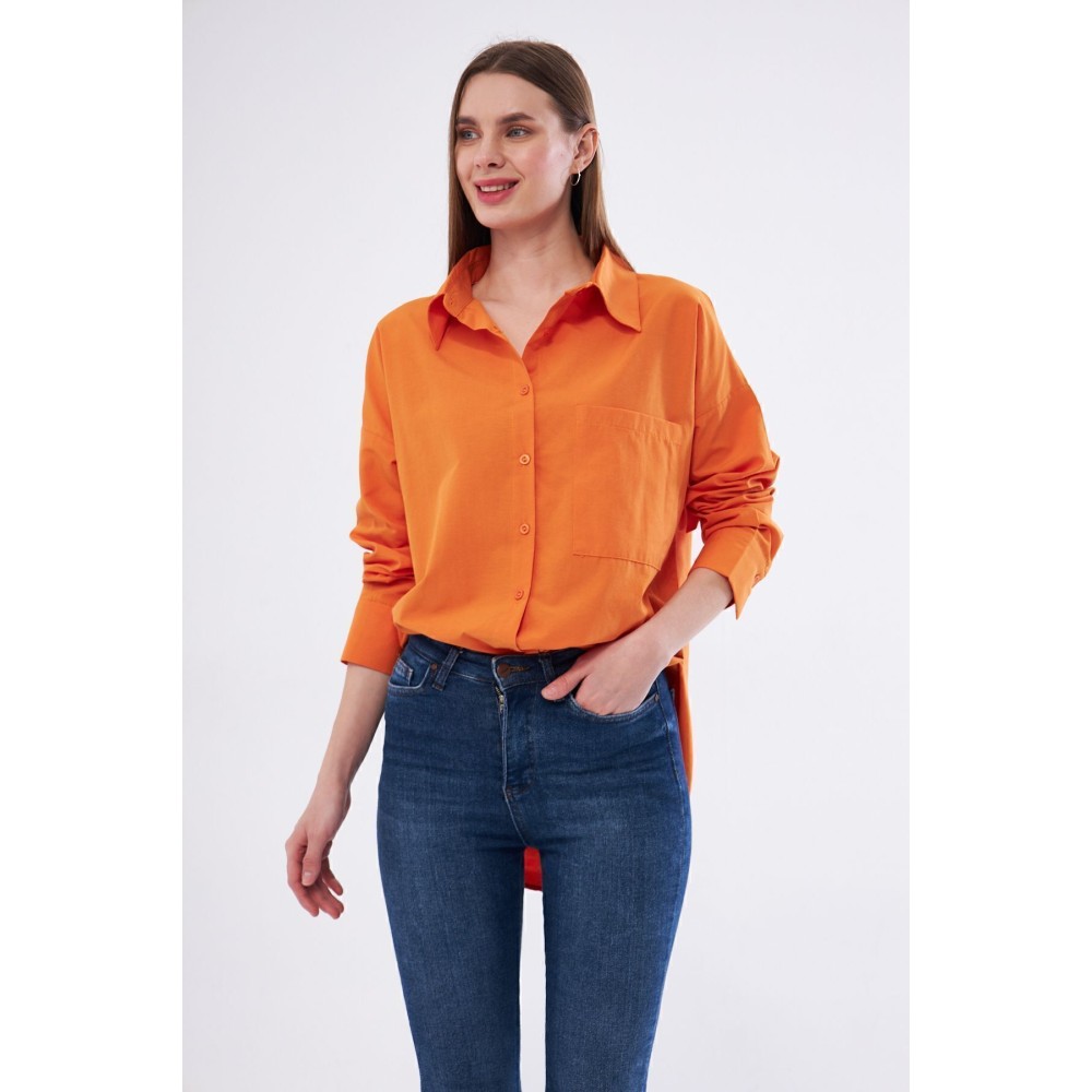 Pasaklı Giyim Kadın Turuncu Uzun Kollu Terikoton Özel Kumaş Cepli Spor Uzun Tunik Gömlek - Premium Kadın Giyim