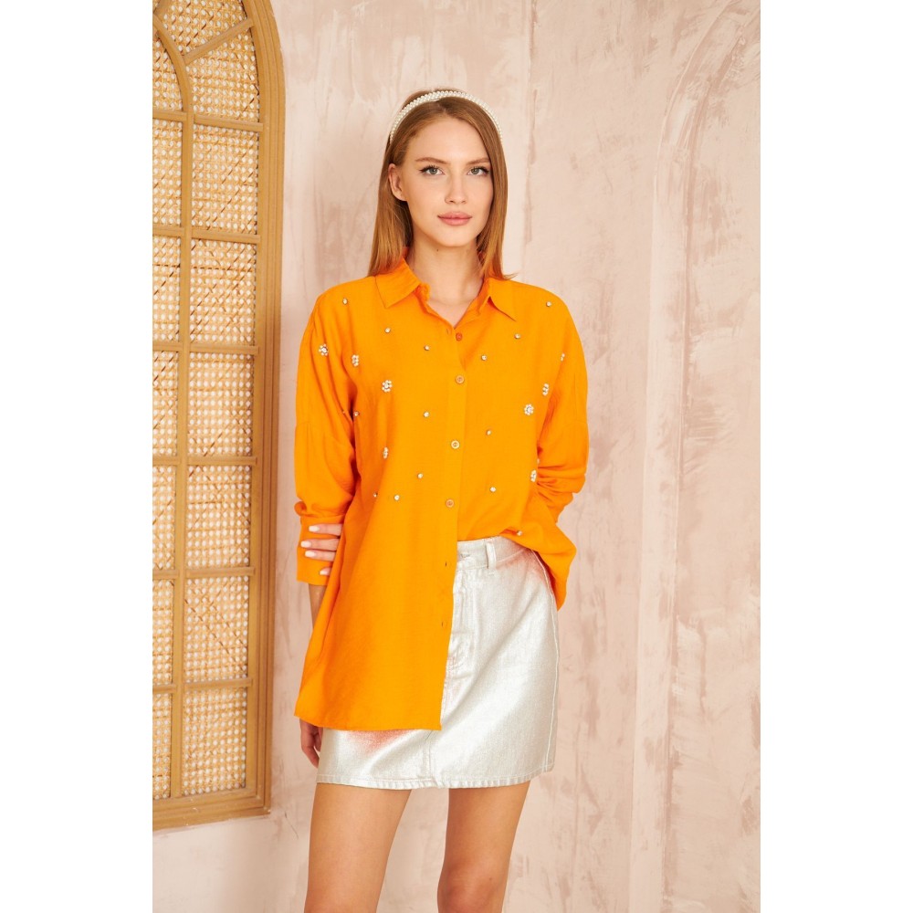 Pasaklı Giyim Pasaklı Giyim Kadın İnci İşleme Keten Tunik Gömlek Turuncu - Premium Kadın Giyim
