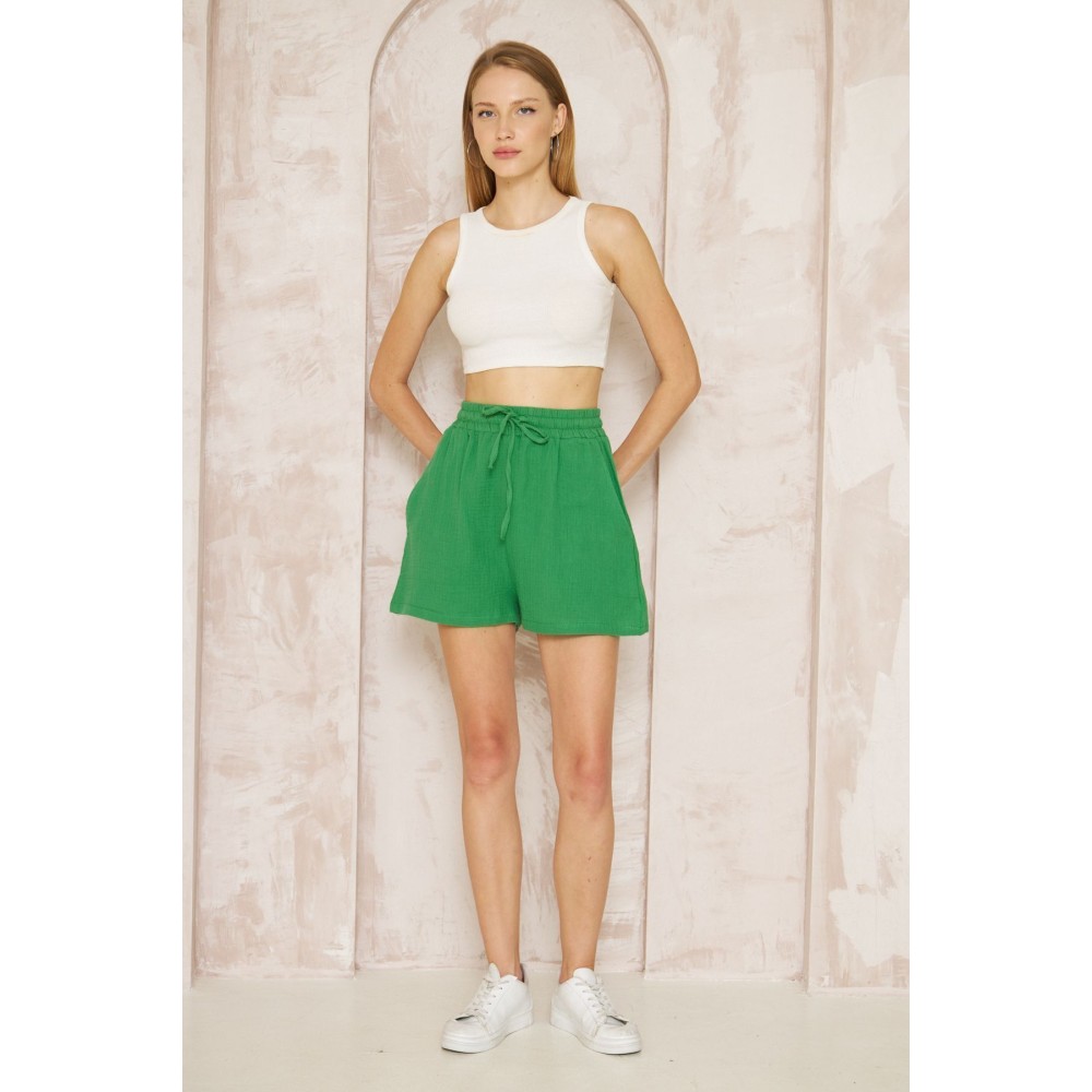 Pasaklı Giyim Pasaklı Giyim Kadın Müslin %100 Pamuk Beli Lastikli Şort Yeşil - Premium Kadın Giyim