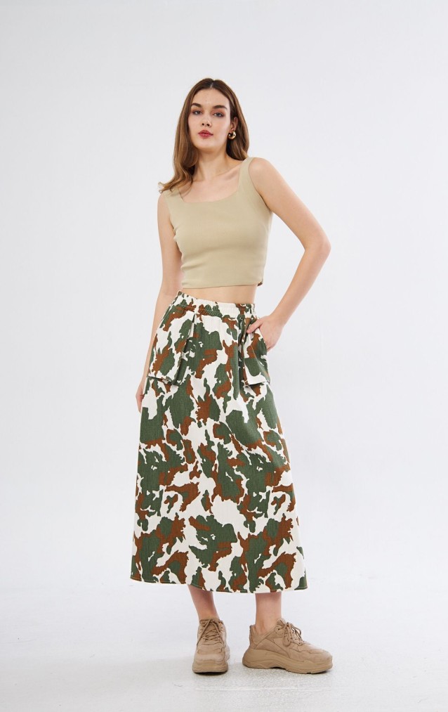 Pasaklı Giyim Kadın Kamuflaj Desen Gabardin Etek Haki3553220