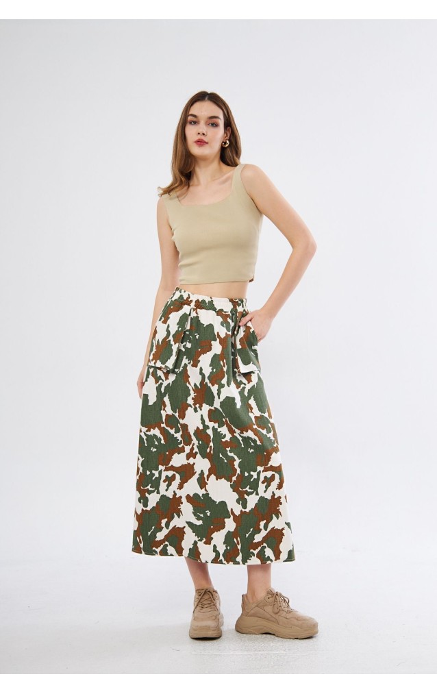 Pasaklı Giyim Kadın Kamuflaj Desen Gabardin Etek Haki3553220
