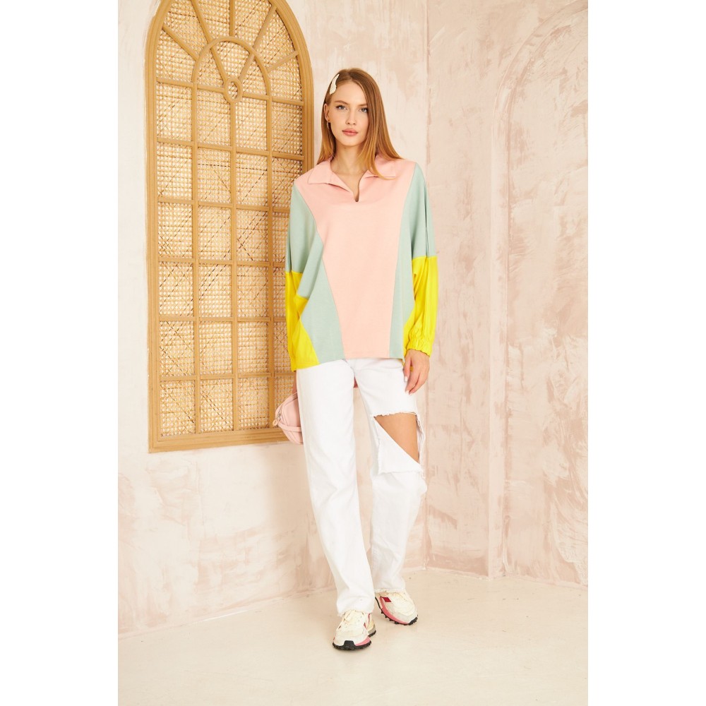 Pasaklı Giyim Pasaklı Giyim Kadın Polo Yaka Sweatshirt Pudra - Premium Kadın Giyim