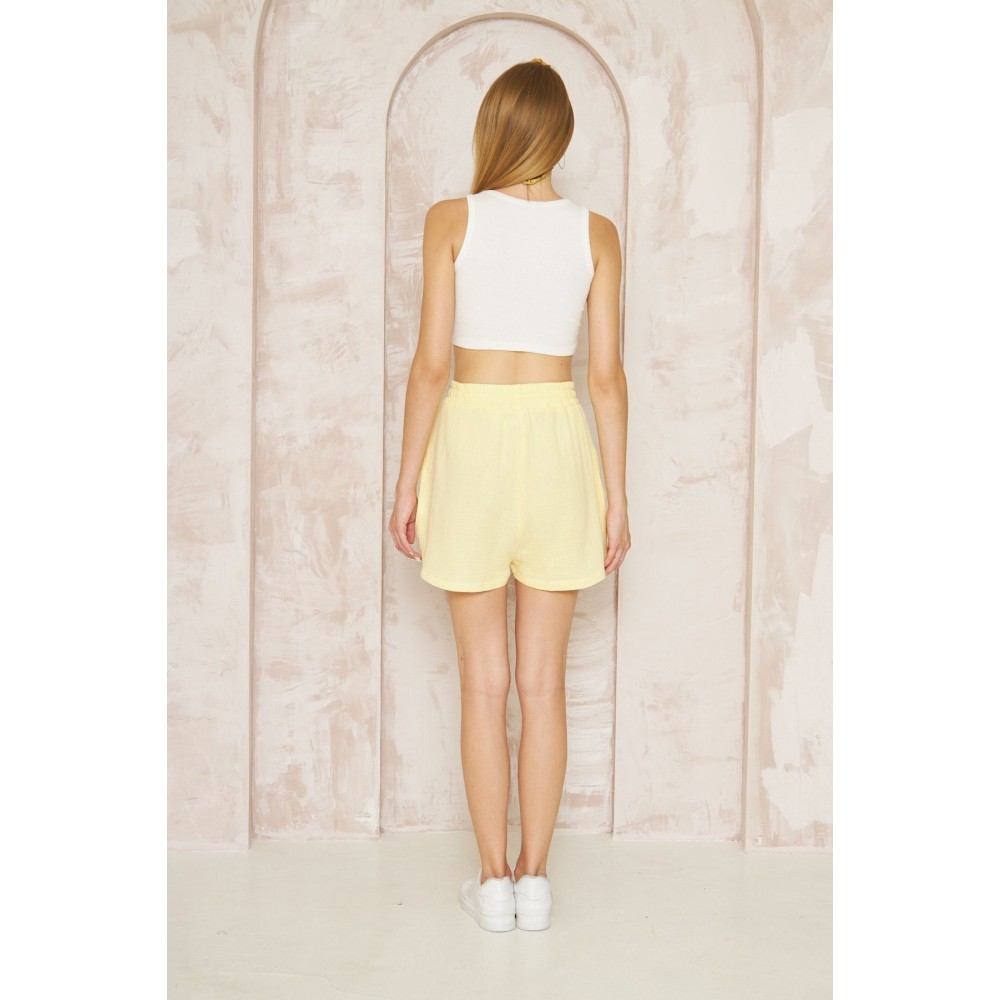 Pasaklı Giyim Pasaklı Giyim Kadın Müslin %100 Pamuk Beli Lastikli Şort Sarı - Premium Kadın Giyim