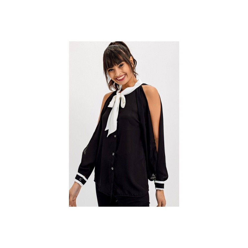 Pasaklı Giyim Pasaklı Giyim Kadın Siyah Kol Yırtmaçlı Beyaz Fularlı Quen Krep Gömlek- - Premium Kadın Giyim