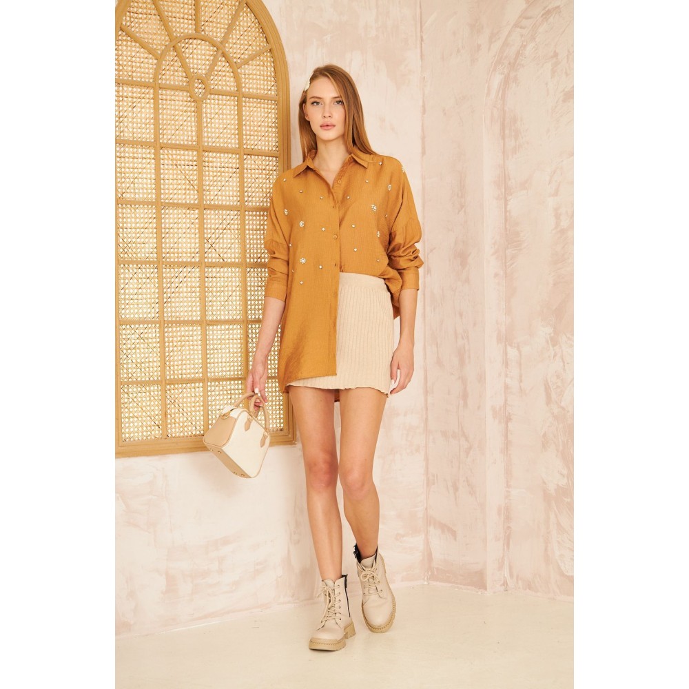 Pasaklı Giyim Pasaklı Giyim Kadın İnci İşleme Keten Tunik Gömlek Karamel - Premium Kadın Giyim