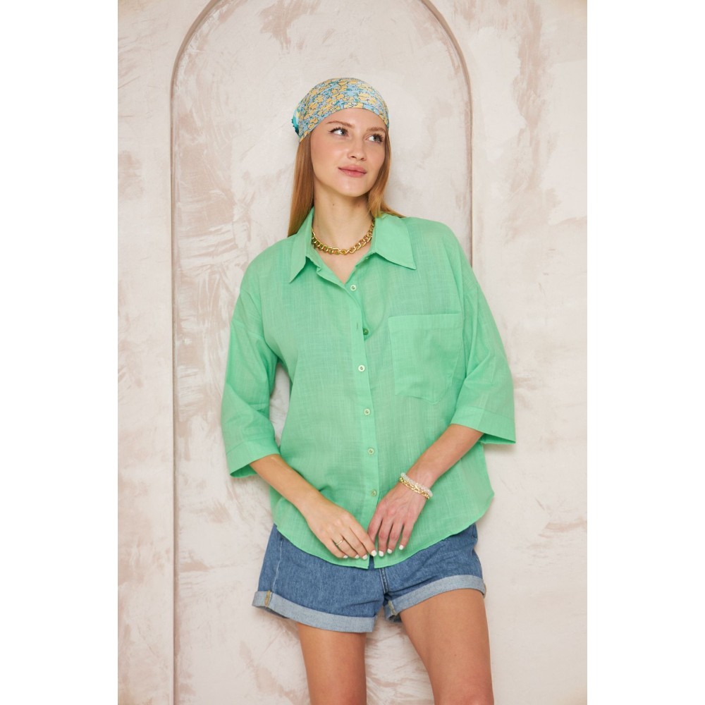 Pasaklı Giyim Pasaklı Giyim Kadın Flamlı Keten Gömlek Yeşil - Premium Kadın Giyim