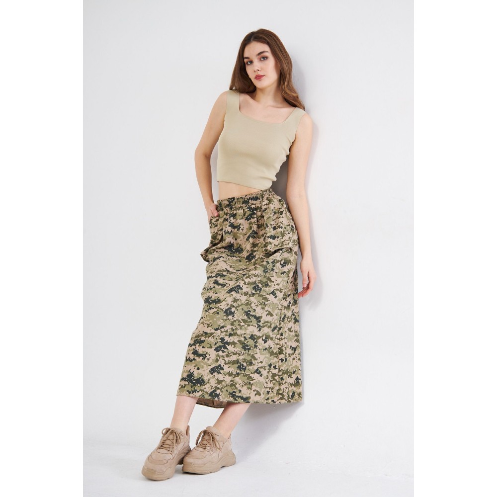 Pasaklı Giyim Pasaklı Giyim Kadın Kamuflaj Desen Gabardin Etek Haki Bej - Premium Kadın Giyim