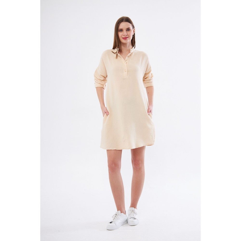 Pasaklı Giyim Kadın Taş Muslin Uzun Kollu Hakim Yaka Cepli Günlük Yazlık Tunik Gömlek Elbise - Premium Kadın Giyim