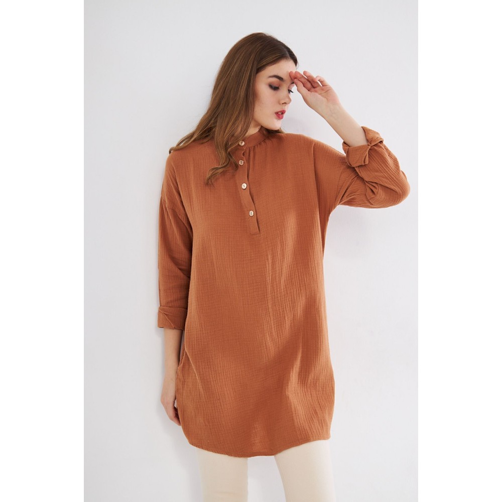 Pasaklı Giyim Pasaklı Giyim Kadın Müslin Tunik Gömlek Kahverengi - Premium Kadın Giyim