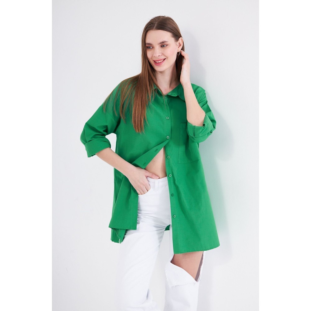 Pasaklı Giyim Kadın Benetton Yeşil Uzun Kollu Terikoton Özel Kumaş Cepli Spor Uzun Tunik Gömlek - Premium Kadın Giyim