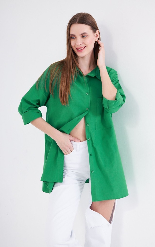 Kadın Benetton Yeşil  Uzun Kollu Terikoton Özel Kumaş Cepli  Spor Uzun Tunik Gömlek 3518185