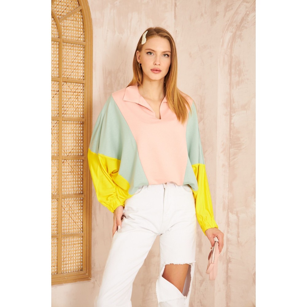 Pasaklı Giyim Pasaklı Giyim Kadın Polo Yaka Sweatshirt Pudra - Premium Kadın Giyim