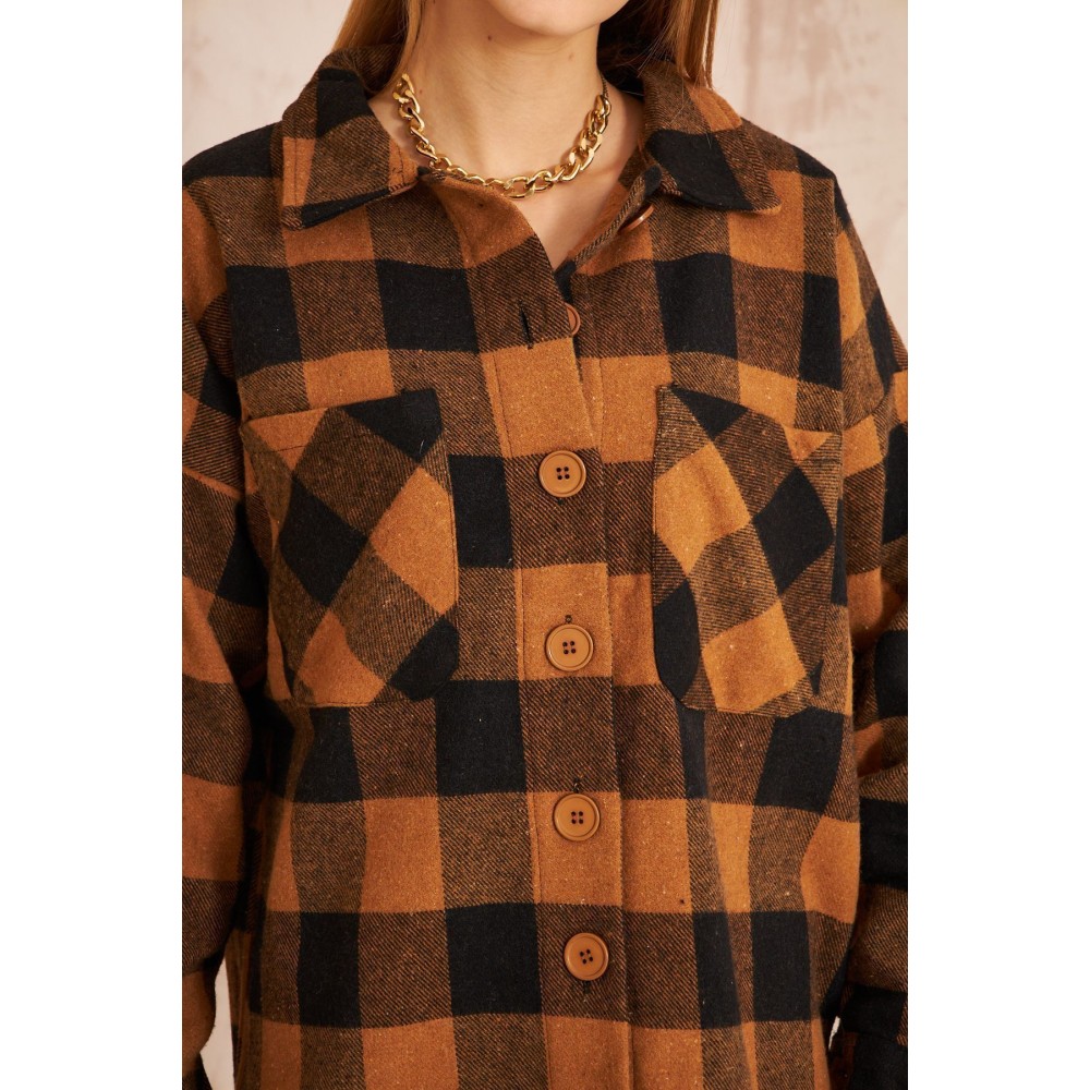 Pasaklı Giyim Pasaklı Giyim Kadın Kaşe Ekose Oduncu Gömlek Camel - Premium Kadın Giyim
