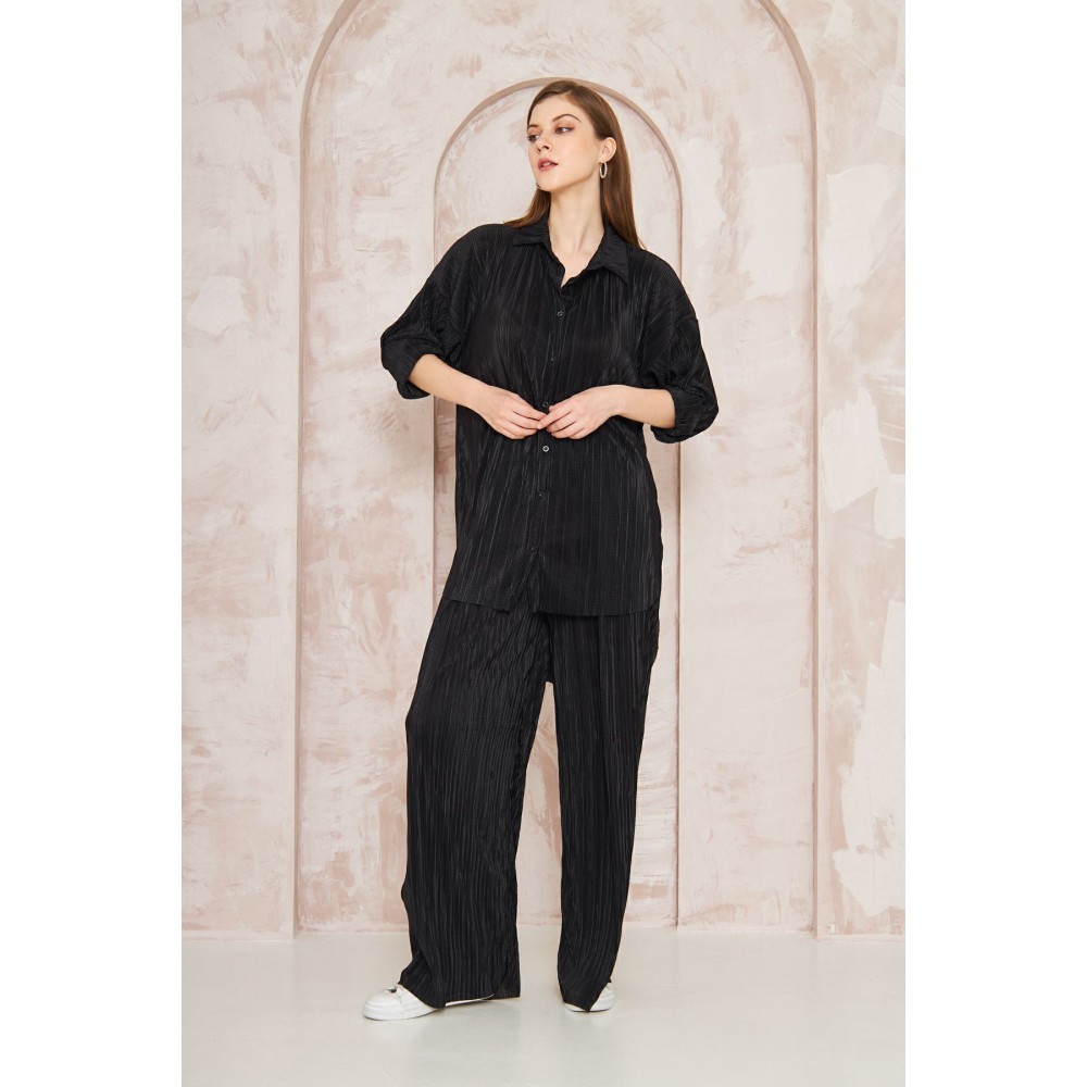 Pasaklı Giyim Pasaklı Giyim kadın Piliseli Bürümcük Pantolon Tunik Alt Üst Takım Siyah - Premium Kadın Giyim