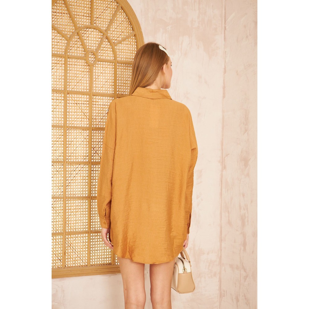 Pasaklı Giyim Pasaklı Giyim Kadın İnci İşleme Keten Tunik Gömlek Karamel - Premium Kadın Giyim