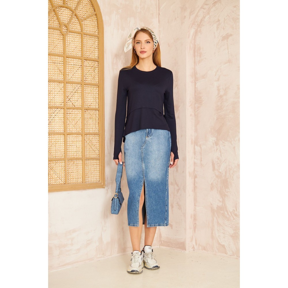 Pasaklı Giyim Pasaklı Giyim Kadın Parmak Geçirmeli Yoga Bluz Lacivert - Premium Kadın Giyim