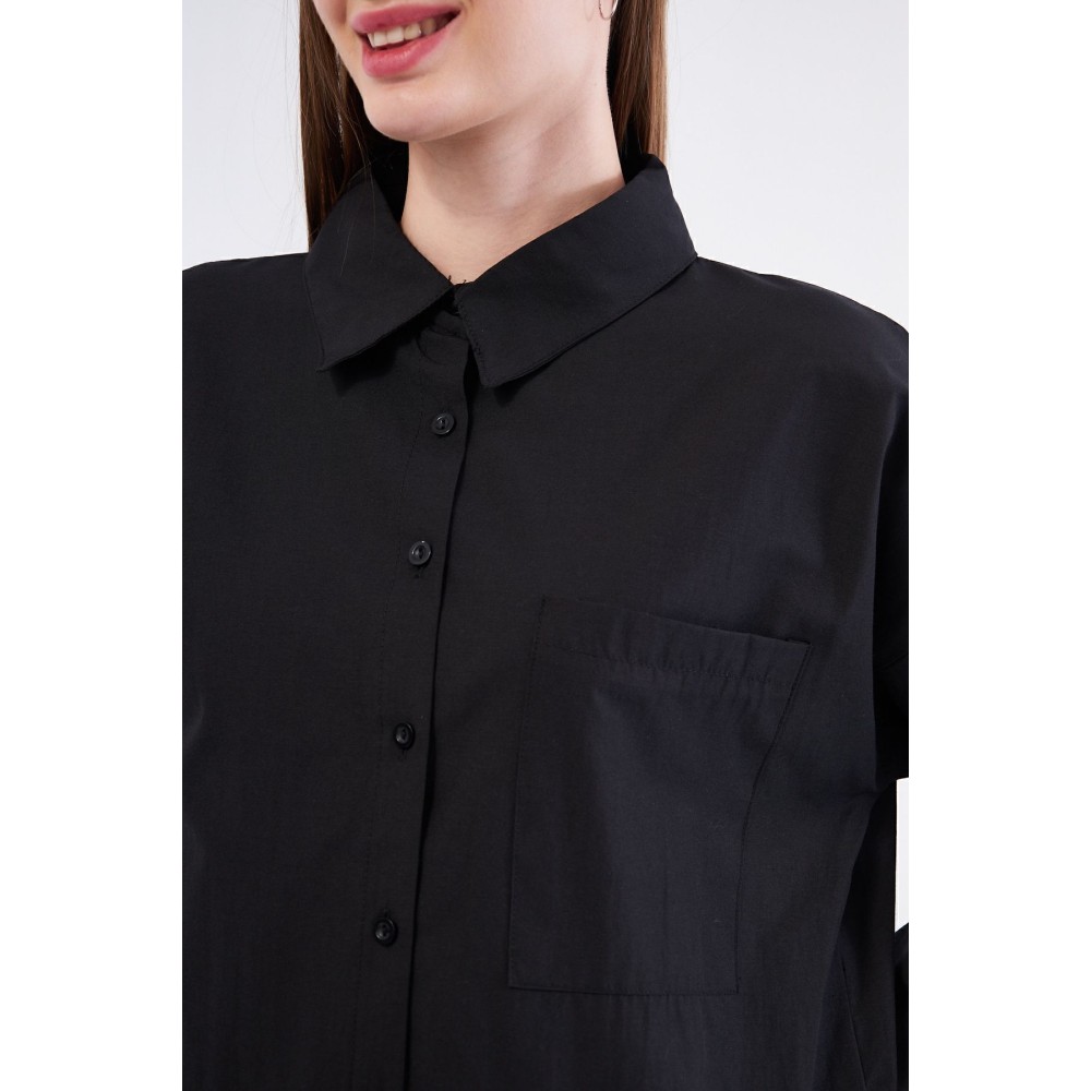 Pasaklı Giyim Kadın Siyah Uzun Kollu Terikoton Özel Kumaş Cepli Spor Uzun Tunik Gömlek - Premium Kadın Giyim