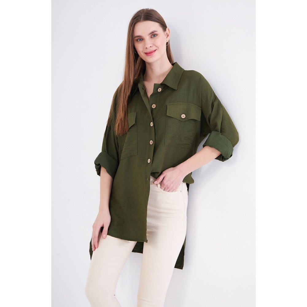 Pasaklı Giyim Pasaklı Giyim Kadın Oversize Arkası Uzun Tunik Gömlek Haki - Premium Kadın Giyim